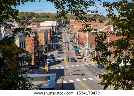 Cityscape view of Stillwater Minnesota from an aerial overlook in the fall Royalty-Free Stock Photo #1534170479