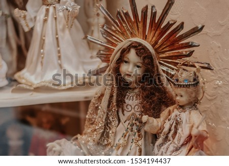 Nativity scene; Jesus Christ, Mary and Josef. Christmas figurines. Christmas market in Europe. Christmas attributes