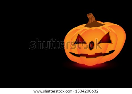Creepy pumpkin vector illustration isolated on black background and free copy space for text or artwork. Styled horror Halloween pumpkin for spooky party decoration,  mock-up, web page design template