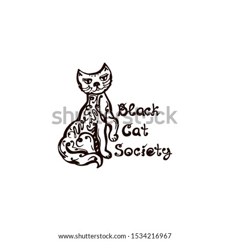 Halloween hand drawn cat with handwritten phrase isolated on white background. Inscription: Black Cat Society