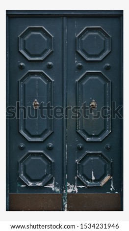 Old shabby scratched medieval Roman stained door on white. Historical ancient brass metal handle. Broken cracked panel entry. Urban dirty grunge doorway of derelict castle fortress for 3D template
