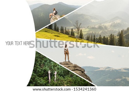 Collage of travel, hiking photos. 
Bright inspirational banner for website header design with copy space for text. Poster or flyers template. 