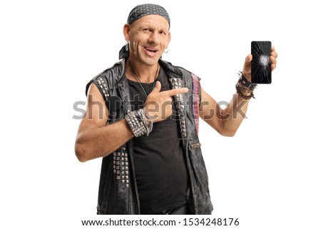 Punker pointing to a smartphone with a broken screen isolated on white background