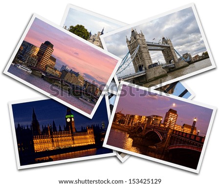 Collage of photos of London Great Britain on the white background