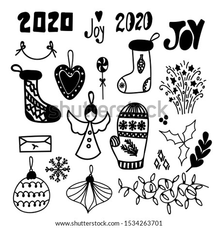 Set of New Year vector doodle black illustrations on white background. New Year number, sock, mitten, angel, snowflake, lights, envelope, heart toy, joy lettering and decoration elements