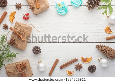 New Year composition or Christmas on a white wooden background