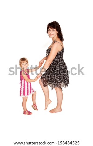 Little daughter and mother. Isolated on white background.