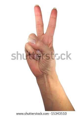 Human lady hand showing tho fingers isolated over white background