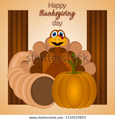 Happy thanksgiving day card with a turkey, cornucopia and pumpkin - Vector