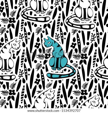 Vector image of a blue cat among other white cats on a background of patterns. Seamless background for wallpaper, textile and wrapping paper.