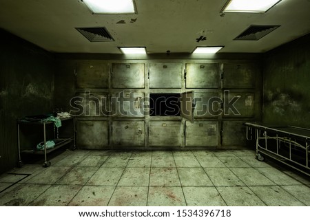 Room look scary, similar to used by the hospital to collect dead body, wait for religious ceremony or medical study was created for Halloween frightful Concept.