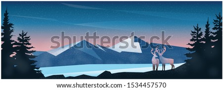 Beautiful panorama background with mountain peek landscape in winter, Panoramic of winter with back vanilla sky light,mist and fog,Silhouette of deer in the forest while snow fall, Natural background. Royalty-Free Stock Photo #1534457570