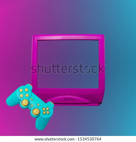 Video game competition. Gaming concept. Pink tv and gamepads on futuristic background.