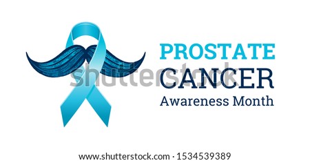 Prostate cancer awareness ribbon with moustaches. Men health symbol. Men cancer prevention in November month. Blue color concept. Engraved, 3d cartoon vector illustration isolated on white background