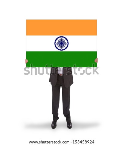 Businessman holding a big card, flag of India, isolated on white