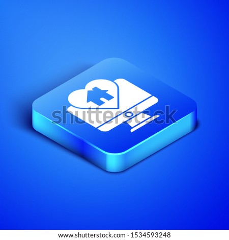 Isometric Computer monitor with house in heart shape icon isolated on blue background. Love home symbol. Family, real estate and realty. Blue square button. Vector Illustration