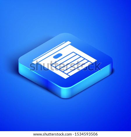 Isometric Garage icon isolated on blue background. Blue square button. Vector Illustration