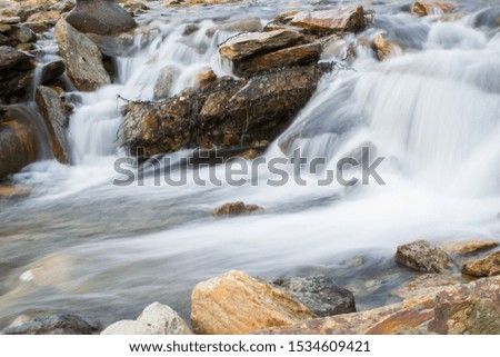 Long exposure picture of small waterfalls between boulders making a brook in Snowdonia, Wales