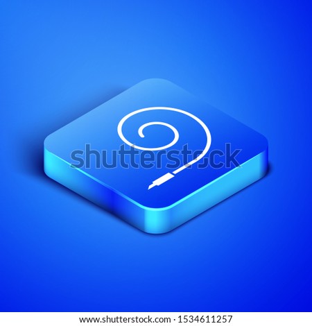 Isometric Birthday party horn icon isolated on blue background. Blue square button. Vector Illustration