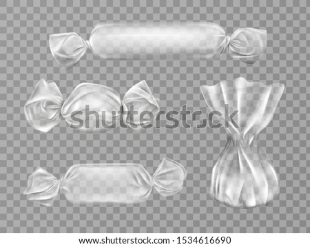 Transparent candy wrappers set isolated on grey background. Limpid blank package for lollipops, chocolate and truffle sweets. production design elements. Realistic 3d vector illustration, clip art Royalty-Free Stock Photo #1534616690