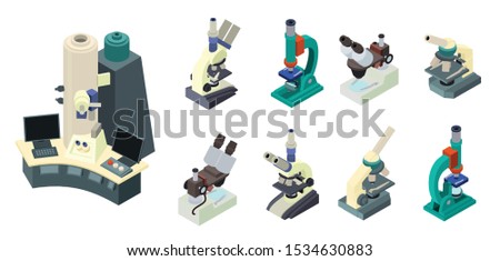 Microscope icons set. Isometric set of microscope vector icons for web design isolated on white background