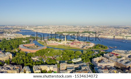 Saint-Petersburg, Russia. Neva River. Panoramic aerial view of Hare Island and Artelery Island. Peter-Pavel s Fortress. Trinity bridge, From Drone  