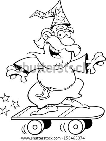 Black and white illustration of a wizard riding a skateboard.