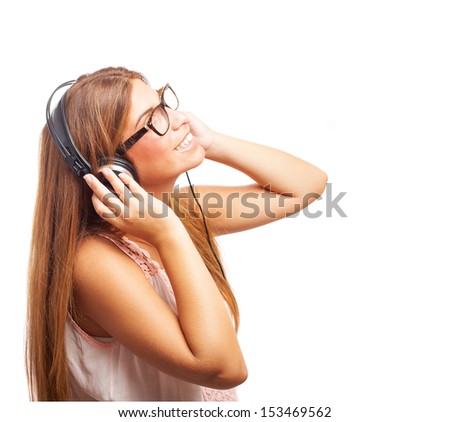 woman listening music with headphones on a white background