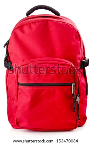 Red backpack standing isolated on white background Royalty-Free Stock Photo #153470084