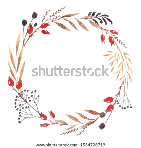 Watercolor round frame with dried winter herbs, leaves and dog-rose berries isolated on white background. Autumn illustration. Hand drawn floral wreath for invitations, greeting cards, postcards.