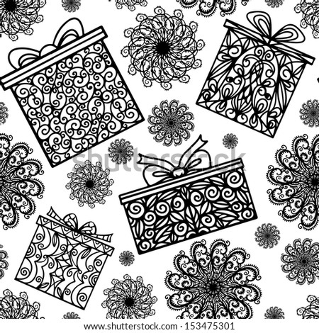 Holiday seamless pattern with snowflakes and gift boxes - raster version