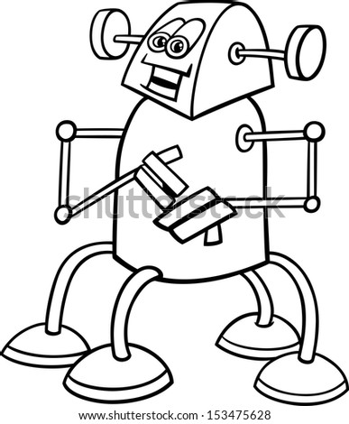 Black and White Cartoon Illustration of Funny Robot or Droid for Children to Coloring Book