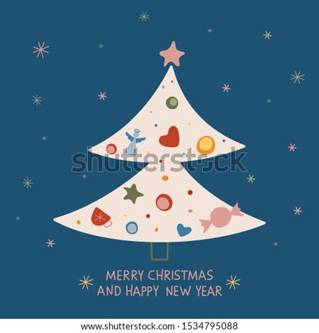 Creative hand drawn card with Christmas tree: Merry Christmas and Happy New Year. Vector illustration for winter holidays and Christmas design