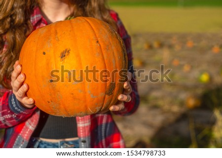 Young Woman Holds a Freshly Picked Pumpkin in a Field in Autumn With Copy Space