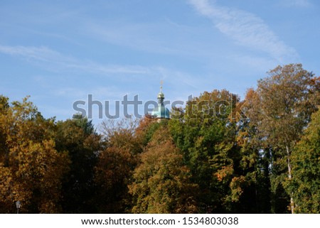 The main plan is occupied by a forest, and in the background is the dome of the church. The trees in the photo go through a period of autumn wilting and prepare for the onset of cold weather.