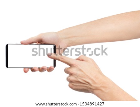 Hands holding and touching smartphone, isolated on white background