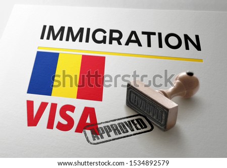 Romania Visa Approved with Rubber Stamp and national  flag Royalty-Free Stock Photo #1534892579