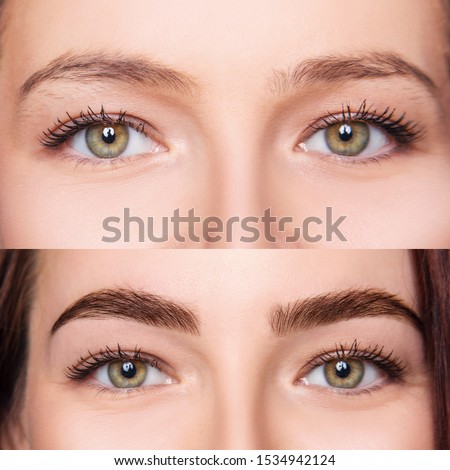 Female eyes closeup before and after eyebrows correction and dying. Royalty-Free Stock Photo #1534942124