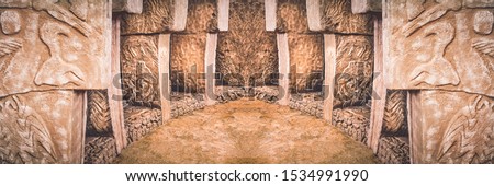 Göbeklitepe panoramic banner picture. The beginning of time. Ancient site of Gobekli Tepe in Turkey. Gobekli Tepe is a UNESCO World Heritage site. The Oldest Temple of the World. Neolithic excavations