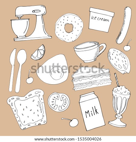 Set of isolated black and white elements, the concept of food. Sandwich, bread, milk, mug, sausage, donut, mixer, milkshake, hand drawn.