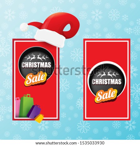 vector Christmas sales paper banner or tag label with red santa hat on snowy blue background with falling snowflakes. Red winter Christmas sale poster design template or background