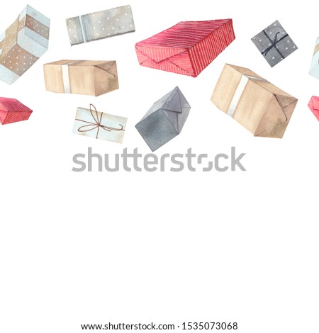 Christmas presents seamless pattern. Repeating border design: gift boxes on white background.