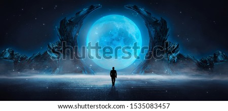 Modern futuristic neon abstract background. Large object in the center, space background. Dark scene with neon light. Reflection of light on a wet surface.