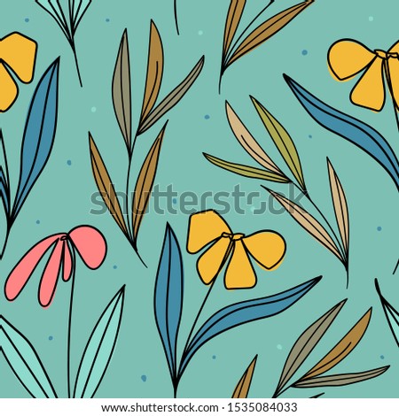 Modern one line floral seamless pattern for print, fabric, wallpaper. Hand drawn floral and leaves background.