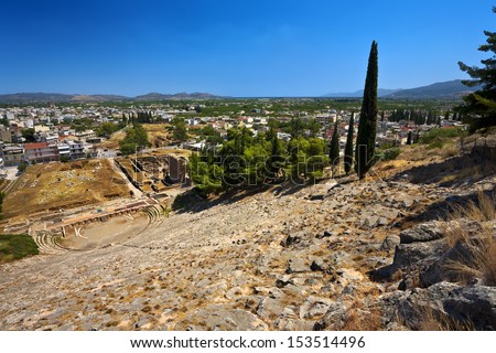 Greece. Argos. Remains of ancient Argos - ruins of the Hellenistic Theater, the Odeon and the Roman Baths. There are the modern city and Gulf of Argolis in the background Royalty-Free Stock Photo #153514496