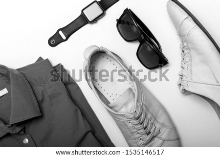 mans clothing and accessories set isolated on white background top view. modern and casual outfit. fashion, shopping and style concept. online shop