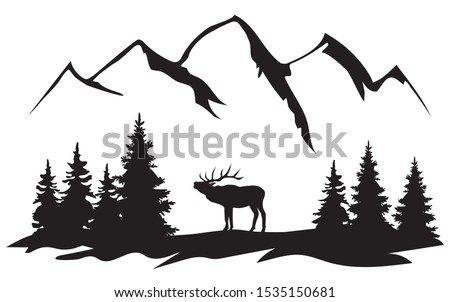 vector illustration of wilderness landscape with elk, mountains and trees silhouette.  Royalty-Free Stock Photo #1535150681