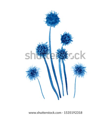 Watercolor blue flowers illustration, bouquet, floral design element, isolated on white background, for wedding invitation, cosmetic, greeting card, design