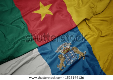 waving colorful flag of canary islands and national flag of cameroon. macro