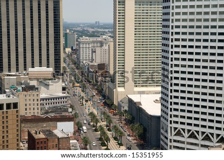 view of Canal Street, New Orleans, Louisiana, business district as seen from the top of the World Trade Center building